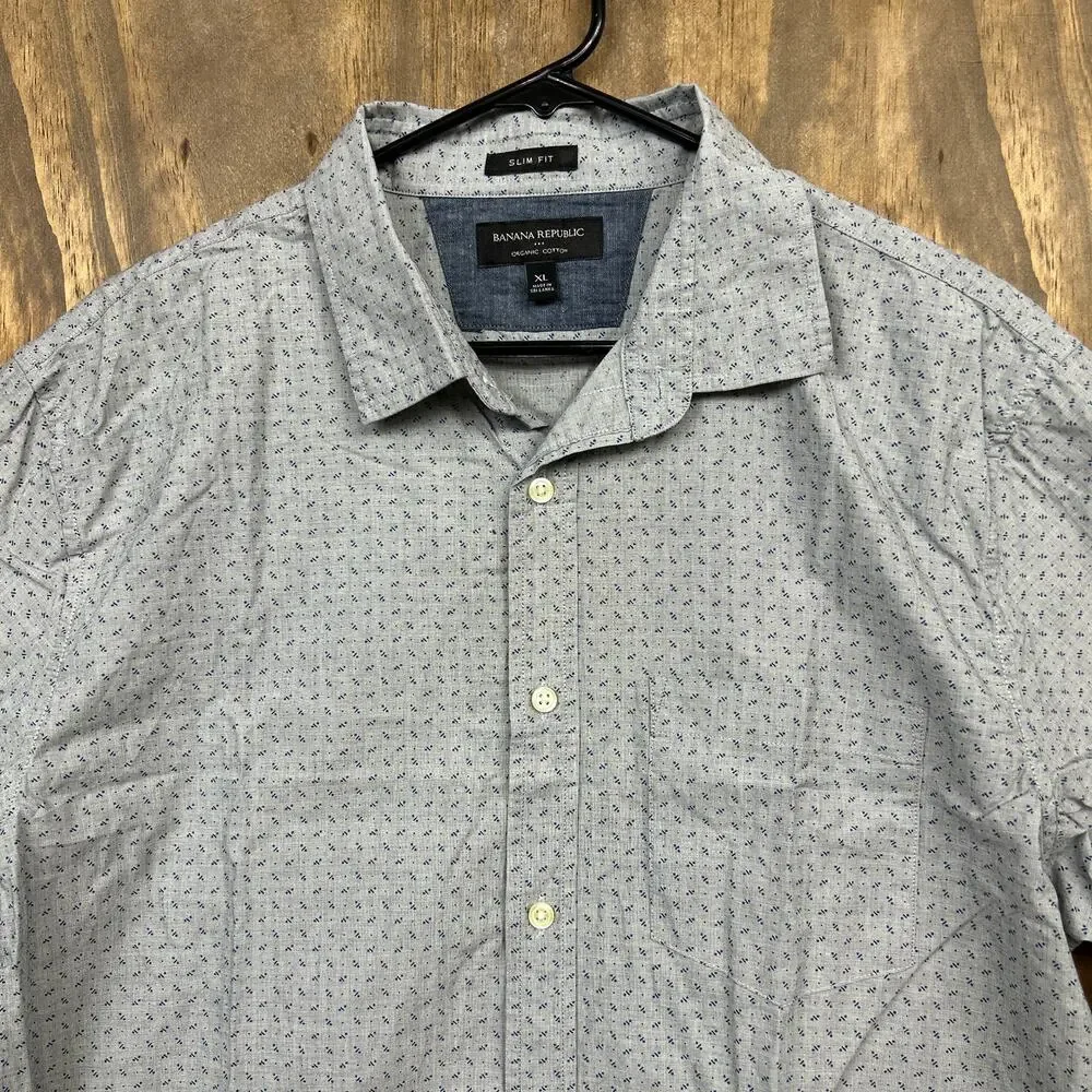 Banana Republic Mens Shirt Gray Blue Button Down Slim Fit Organic Cotton XLarge